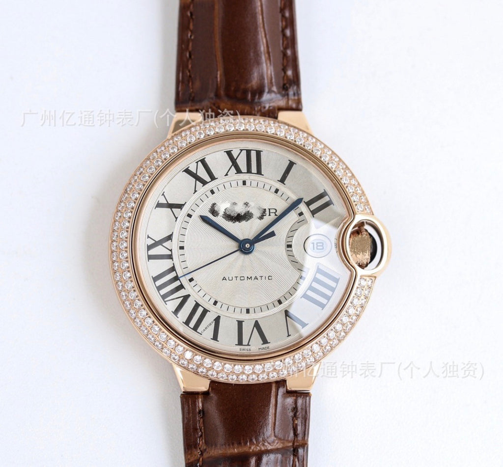 Cartier Ballon Bleu Rose Gold Dark Brown Watch with Diamonds