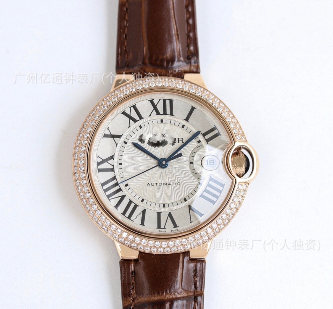 Cartier Ballon Bleu Rose Gold Dark Brown Watch with Diamonds