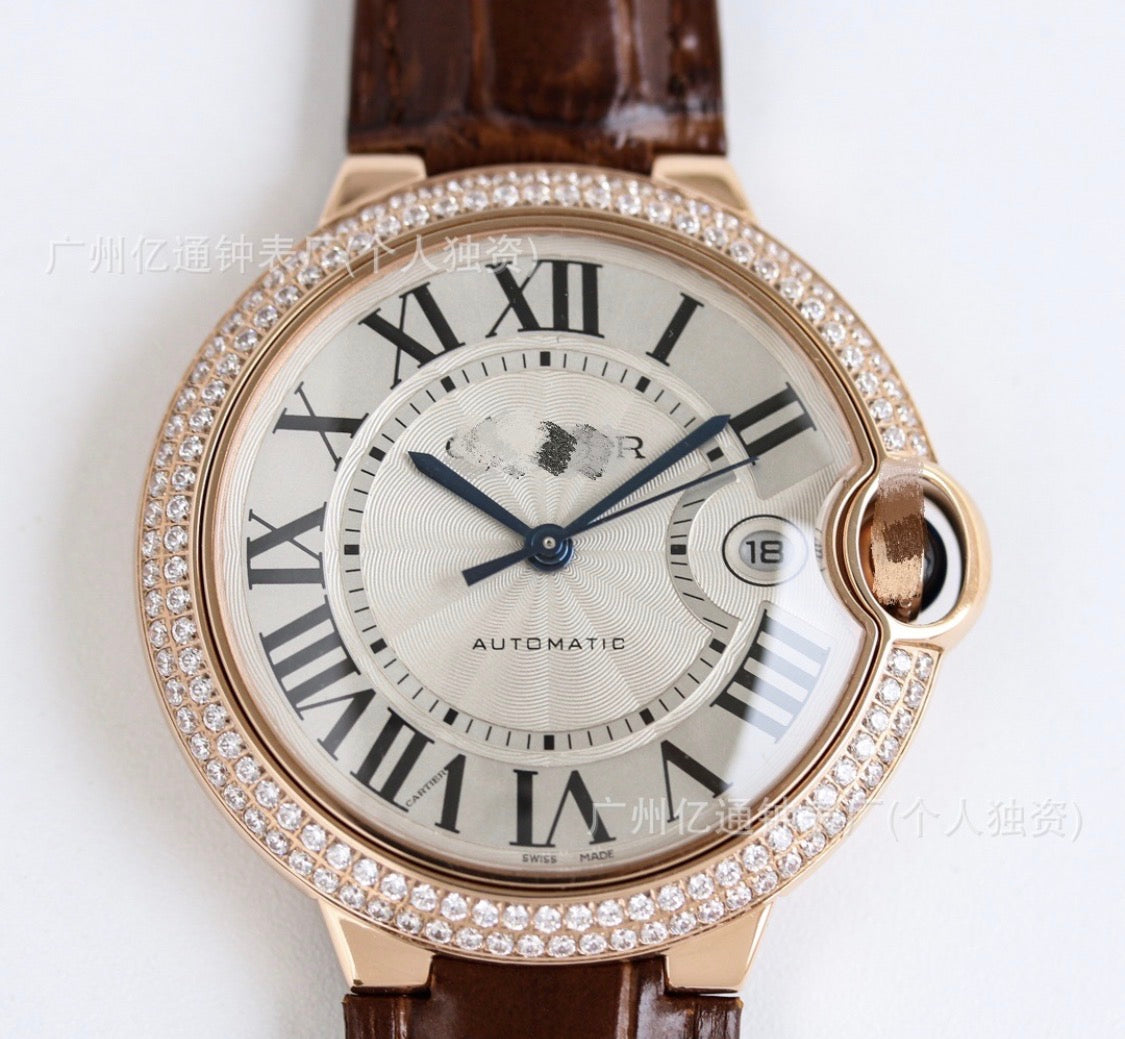 Cartier Ballon Bleu Rose Gold Dark Brown Watch with Diamonds
