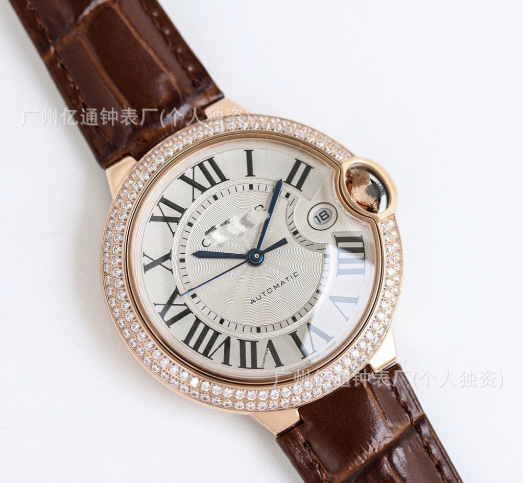 Cartier Ballon Bleu Rose Gold Dark Brown Watch with Diamonds