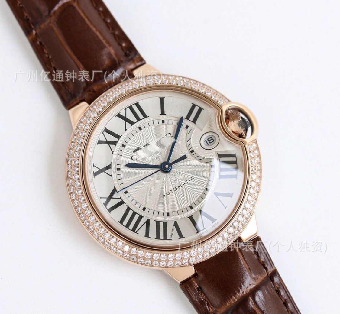 Cartier Ballon Bleu Rose Gold Dark Brown Watch with Diamonds