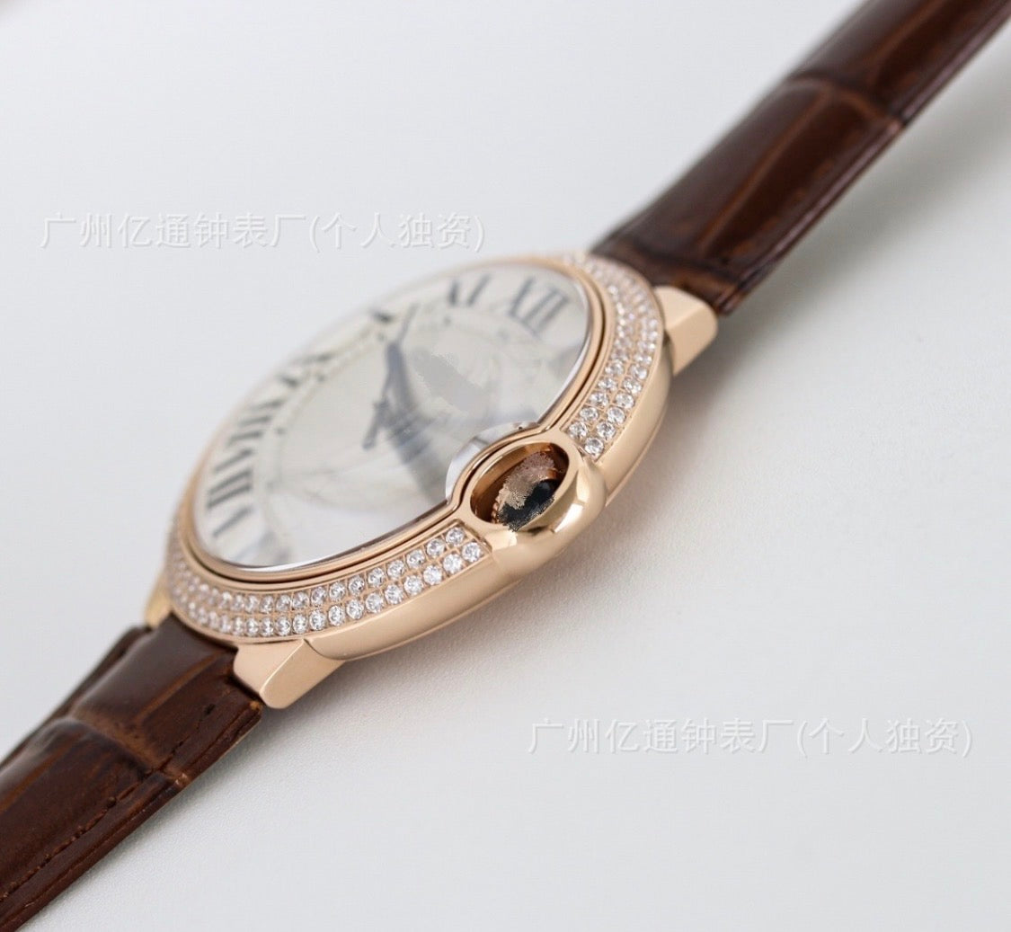 Cartier Ballon Bleu Rose Gold Dark Brown Watch with Diamonds