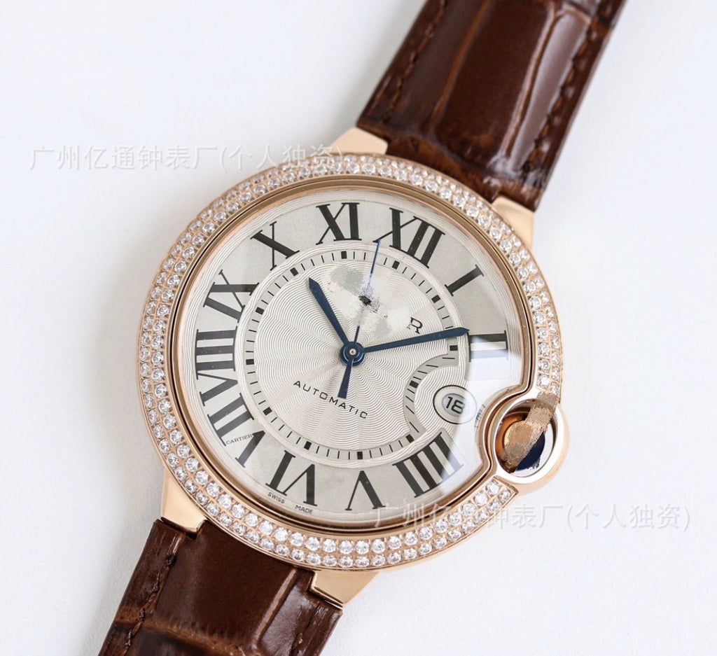 Cartier Ballon Bleu Rose Gold Dark Brown Watch with Diamonds