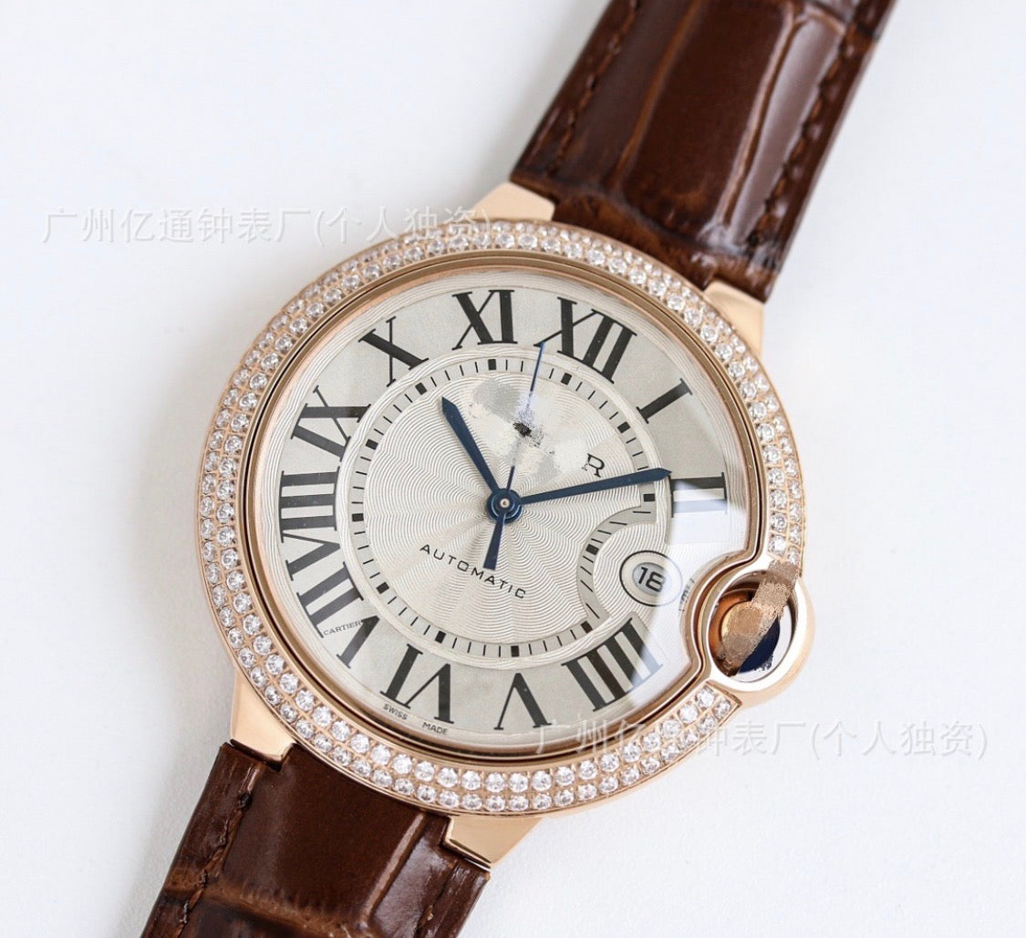 Cartier Ballon Bleu Rose Gold Dark Brown Watch with Diamonds